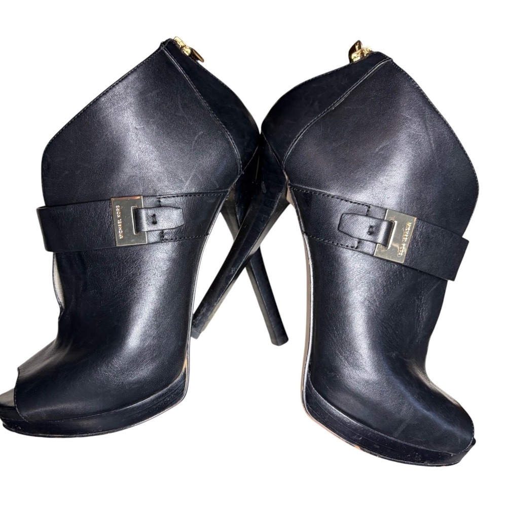 Michael Kors Black Leather Peep Toe Ankle Boots Gold Buckle Stiletto Platform